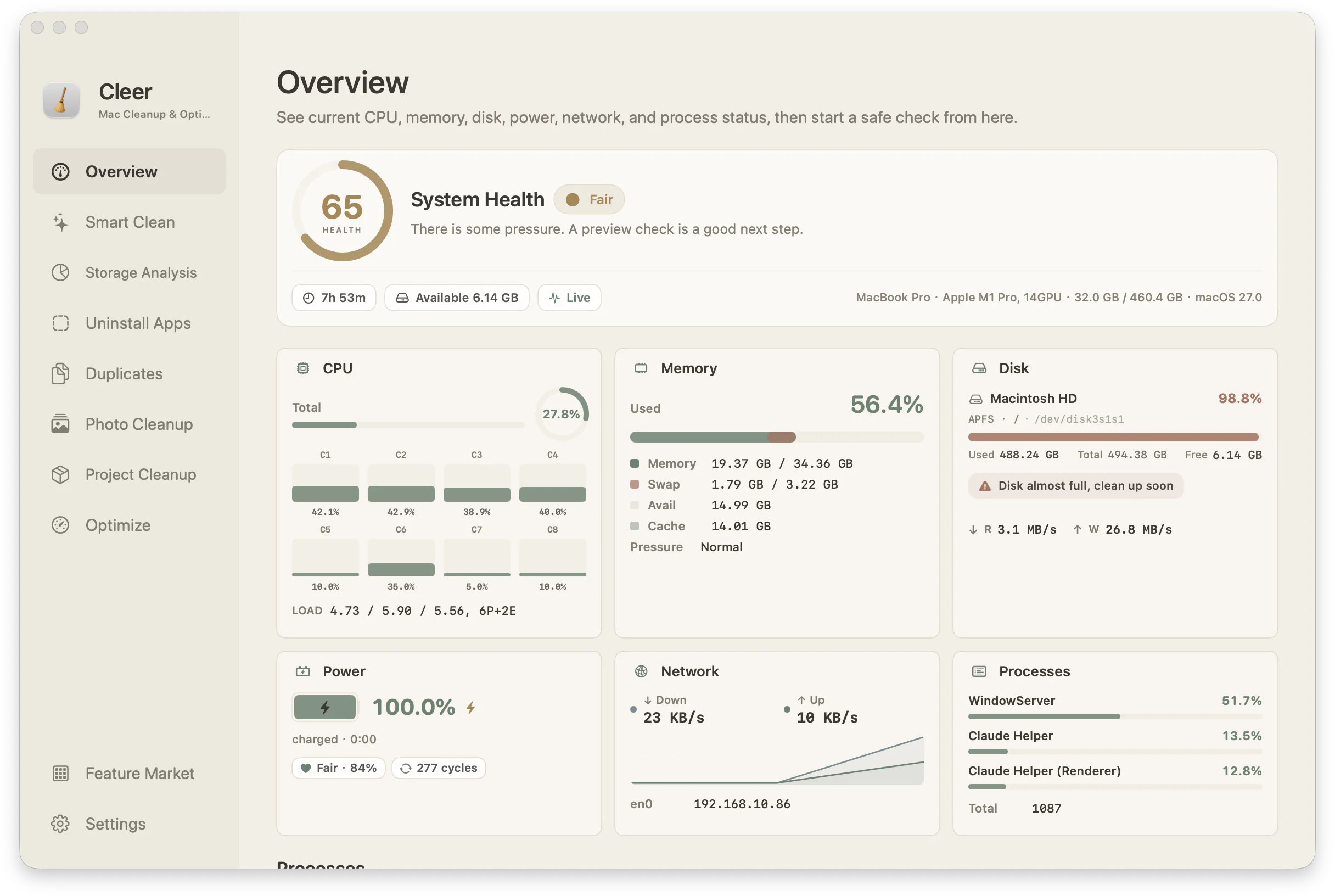 Cleer overview screen