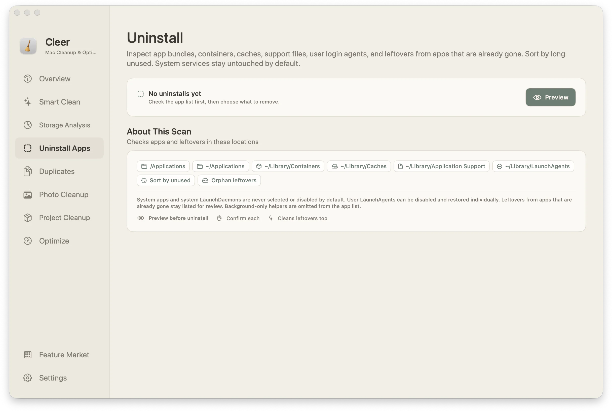 Cleer uninstall apps screen